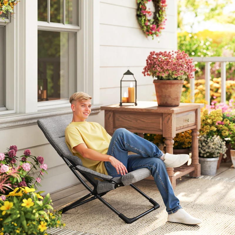 Outsunny Chaise pliante extérieur, chaise pliante camping avec coussin épais rembourré et accoudoir, gris