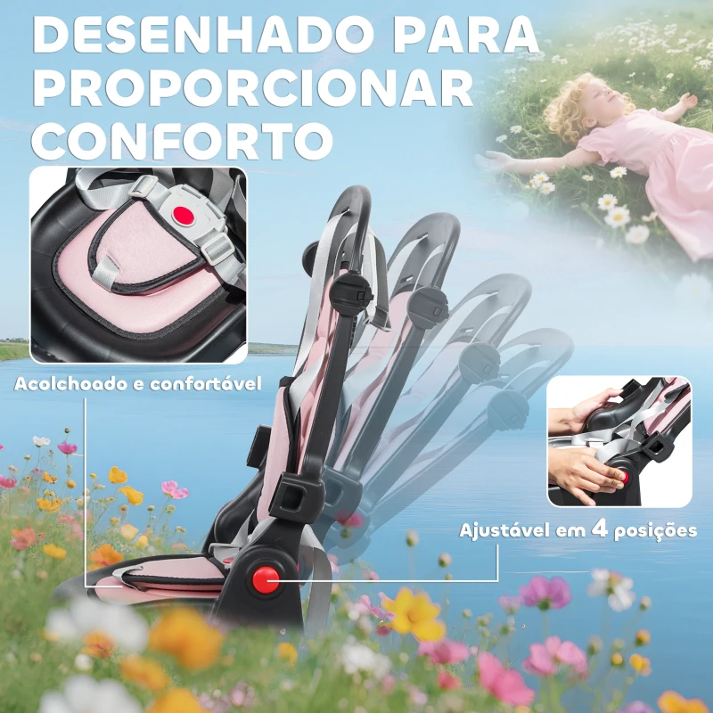 AIYAPLAY Triciclo Evolutivo 6 em 1 Dobrável Assento Giratório 360° Barra Parental Encosto Reclinável Toldo Rosa