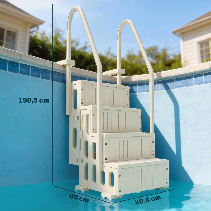 Outsunny Escalier de Piscine en HDPE avec 2 Rampes et 4 Marches pour Piscine Creusée 117-147 cm, 80,8x86x198,5cm, Crème
