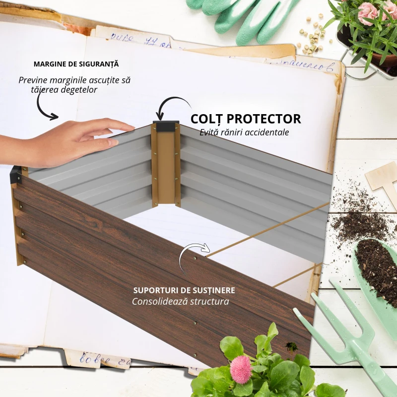 Outsunny Pat pentru Grădină Înălțat 405L, Jardinieră pentru Balcon din Oțel Galvanizat cu Fund Deschis, pentru Plante, Flori și Legume, 240x60x30 cm, Aspect Lemn Închis