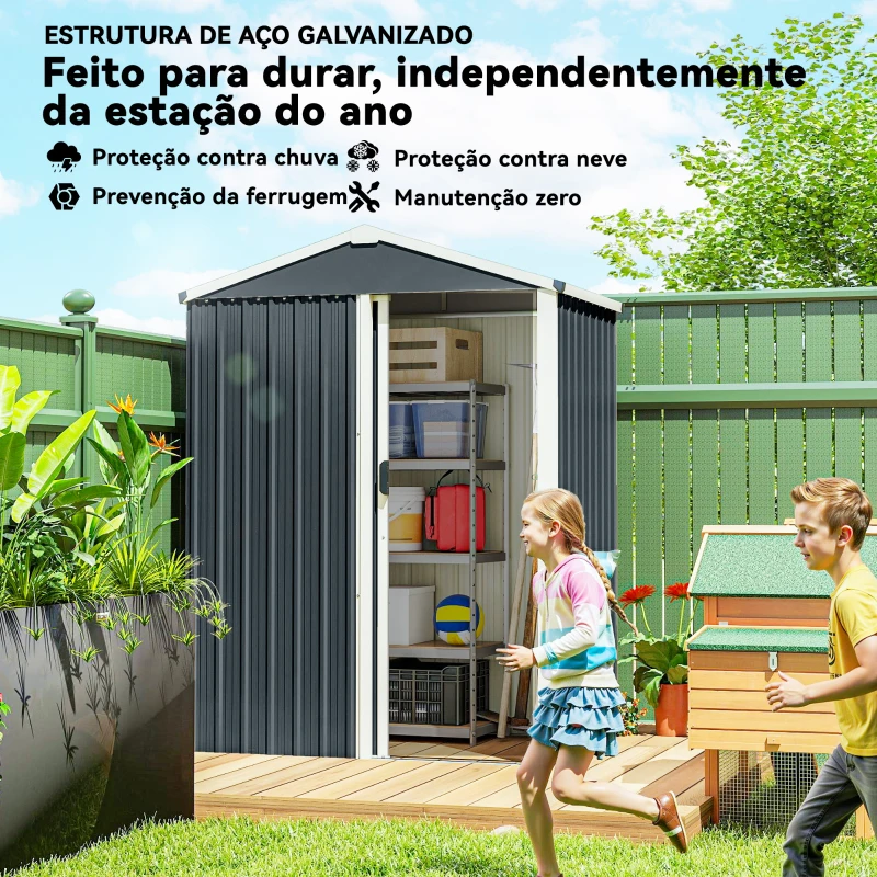 Outsunny Abrigo de Jardim Metálico 136x87x179 cm Abrigo para Ferramentas com Porta de Correr Teto Inclinado e Luvas Cinzento Escuro