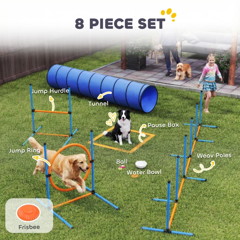PawHut Dog Agility Equipment, 8PCS Agility Training Set with Tunnel, Weave Poles, Adjustable Hurdles, Jump Ring
