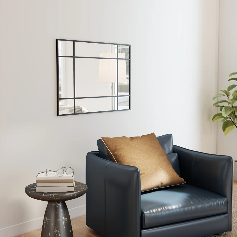 HOMCOM Miroir mural verrière rectangulaire style fenêtre, horizontal ou vertical avec 4 crochets, en métal noir - 90x60 cm