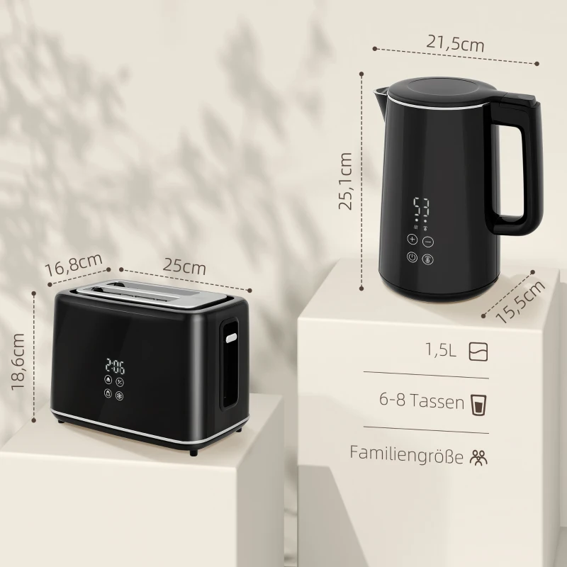 HOMCOM zestaw czajnik i toster ze stali nierdzewnej, 1,5 l, 2200 W, automatyczne wyłączanie, funkcja podtrzymywania ciepła 40–100°C, toster na 2 kromki z 7 poziomami opiekania, funkcje rozmrażania i podgrzewania, wyświetlacz LED, czarny