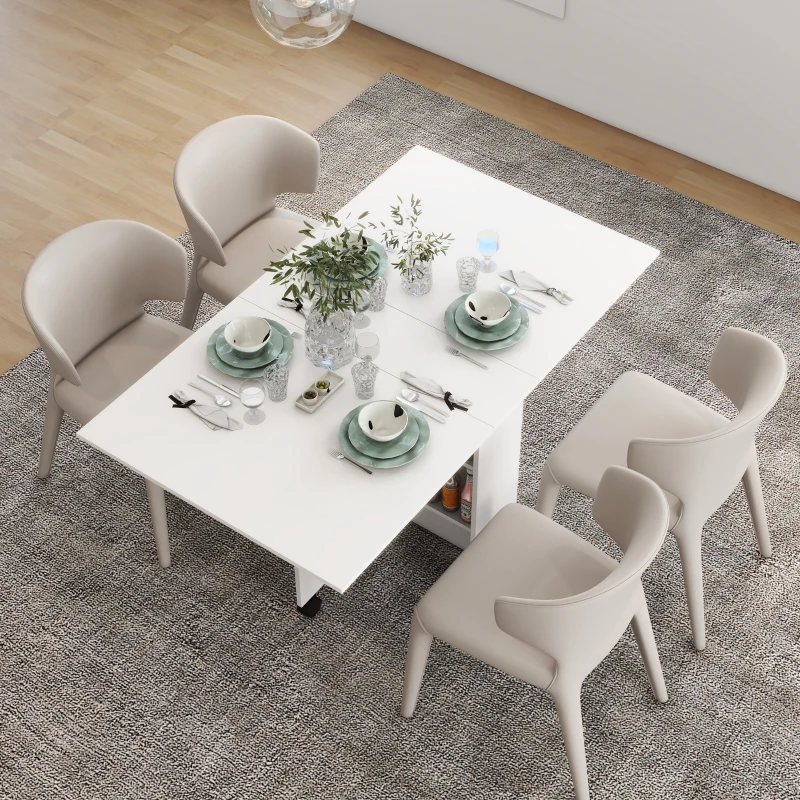 HOMCOM Masă Pliabilă și Extensibilă pentru 4-6 Persoane cu 2 Rafturi și 2 Roți, din Lemn și Metal, 140x80x74 cm, Alb(m-13)