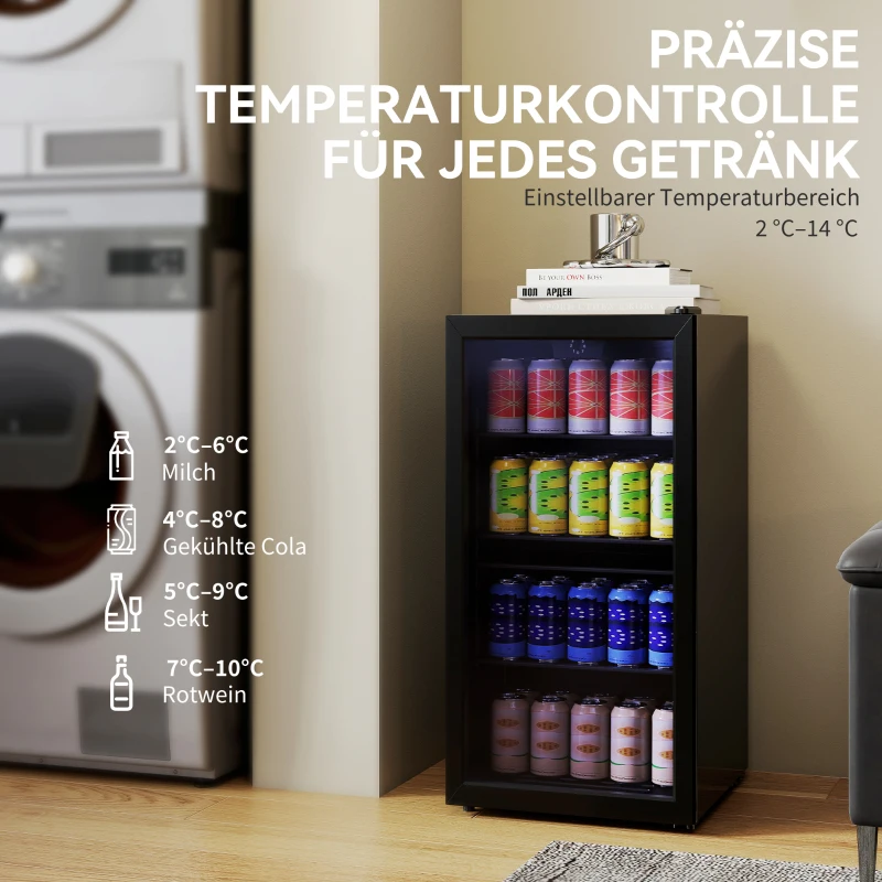 HOMCOM Mini koelkast 93 L koelbox met glazen deur, verstelbare planken, LED, temperatuurregeling, 47,2 x 43,7 x 83,3 cm Zwart