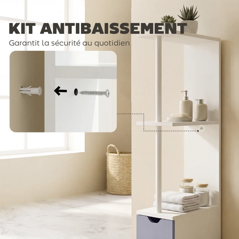 HOMCOM Etagère gain de place WC ou salle de bain 15L x 33l x 136H cm 3 niveaux 2 tiroirs et placard MDF métal blanc gris