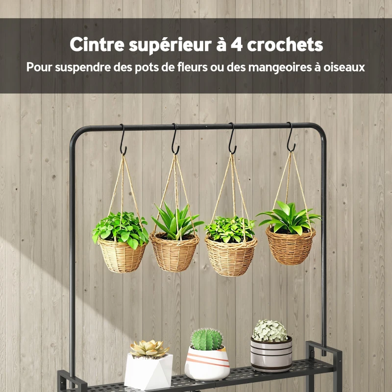 Outsunny Support pour Plantes à 3 Niveaux avec Roulettes, Étagère à Fleurs Pliable en Métal avec 4 Crochets, 84x40,5x174cm, Noir