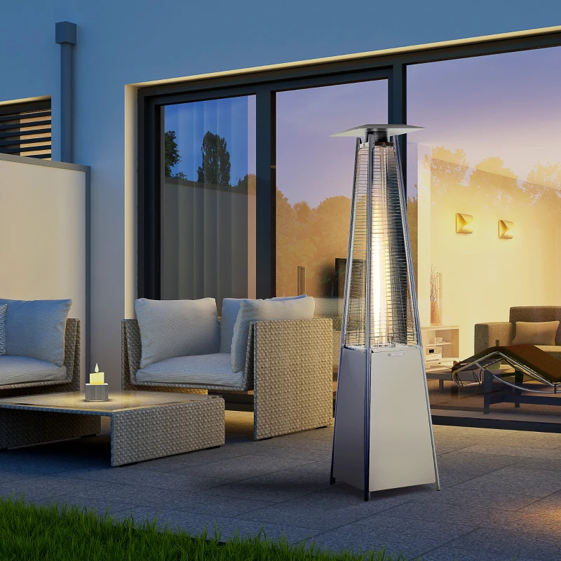 Outsunny Parasol Chauffant Pyramide 10,5 KW - Chauffage d'extérieur gaz - Chauffage de terrasse - Double sécurité - Puissance réglable - roulettes, Housse Incluse - Acier INOX. Gris métal