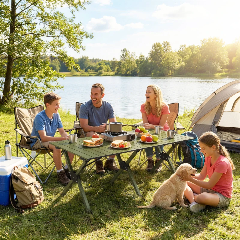 Outsunny Tavolo da Campeggio Pieghevole 116 cm, Tavolo da Picnic Impermeabile con Piano Arrotolabile e Struttura in Metallo, Portatile per Giardino, Parco, BBQ, Verde