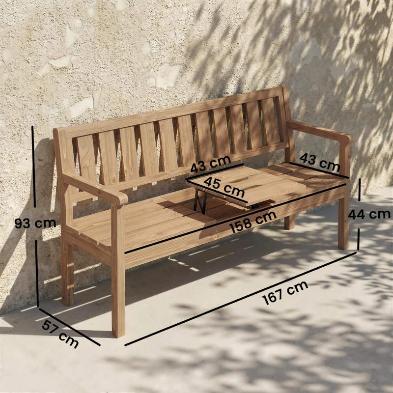Outsunny Wooden Garden Loveseat with Liftable Table & Shelf, 2-3-Seater Outdoor Bench, Fir Wood Jack and Jill Garden Seat, Teak
