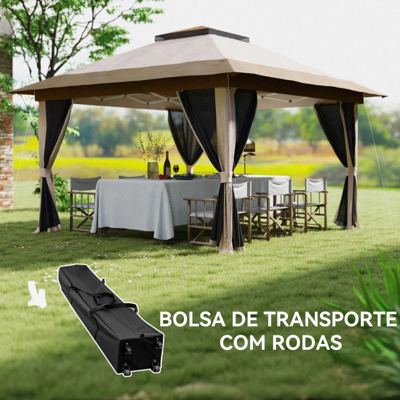 Outsunny Tenda Dobrável 3,6x3,6 m com Laterais de Rede UPF50+ Altura Ajustável Bolsa com Rodas e Sacos de Areia Bege