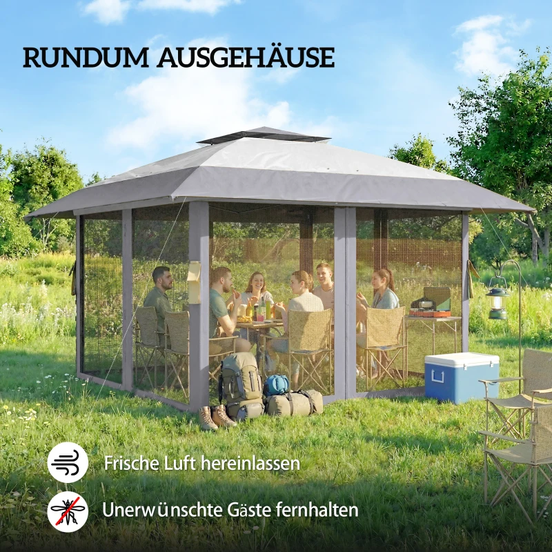 Outsunny Pavillon 4x4m Wasserdicht Höhenverstellbar Pop-up Faltpavillon mit Doppeldach 4 Netzseiten, UV 30+Hellgrau