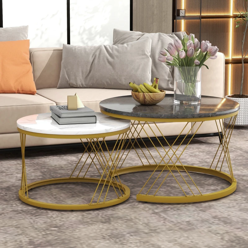 Set of 2 Modern Nesting Marble Coffee Tables with Metal Frame, Space-Saving Design, 70x70x45 cm and 44.5x44.5x38 cm, Grey