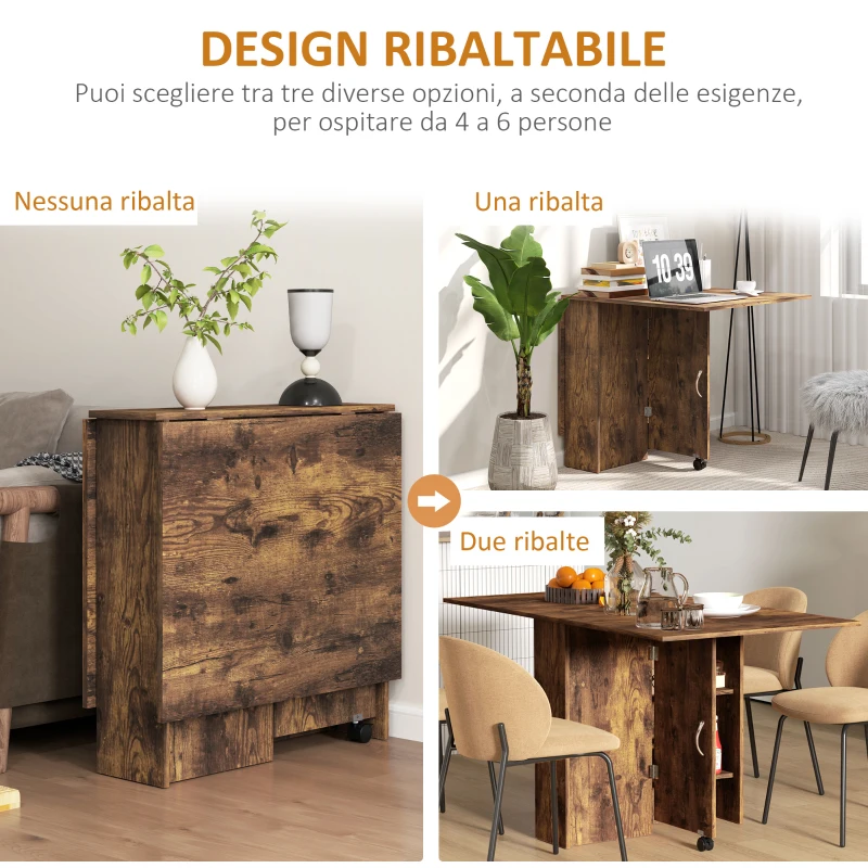 HOMCOM Tavolo da Pranzo Pieghevole a Ribalta per 6 Persone con 2 Ripiani Aperti e Ruote a Freno, Marrone