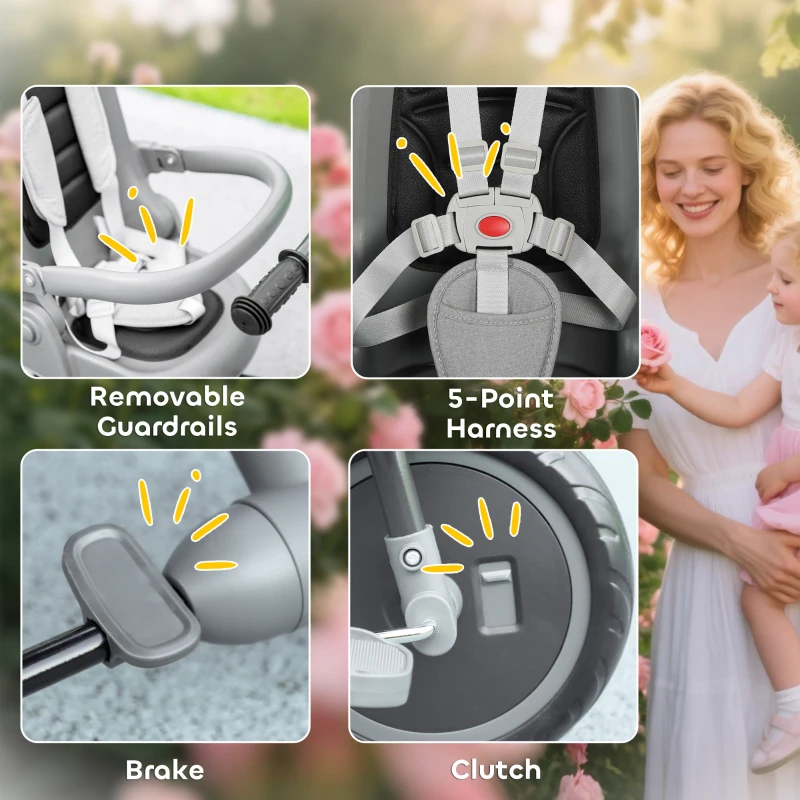 AIYAPLAY Dziecięcy rower trójkołowy, 6w1 Buggy dla małych dzieci, z rączką, regulowanym siedziskiem, składanym designem, siatką bezpieczeństwa, szary