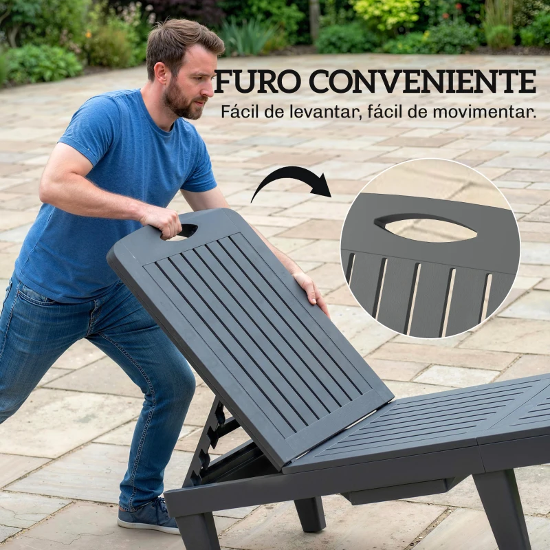 Outsunny Conjunto de 2 Espreguiçadeiras Reclináveis de Plástico PP com Bandeja Lateral Encosto Ajustável em 5 Posições 192x57x28,5 cm Cinzento