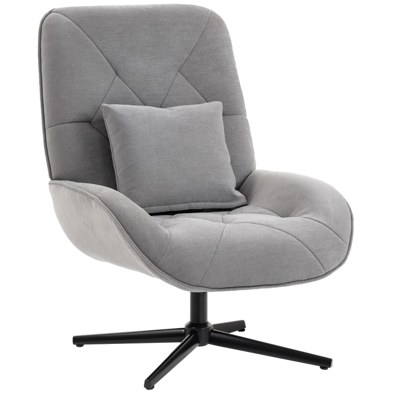 HOMCOM Accent Chair, Chenille Upholstered Swivel Armchair with Lumbar Pillow, High Back, Deep Seat and Metal Legs, Light Grey