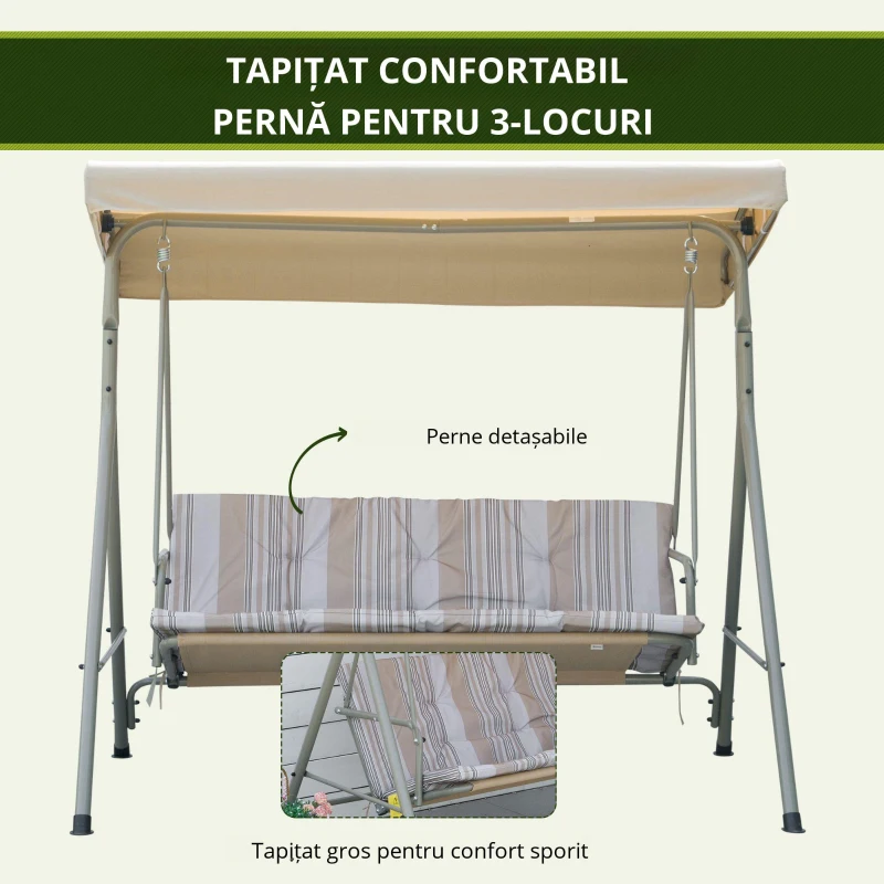 Outsunny Dondolo da Giardino 3 Posti in Acciaio con Tetto Regolabile e Cuscini