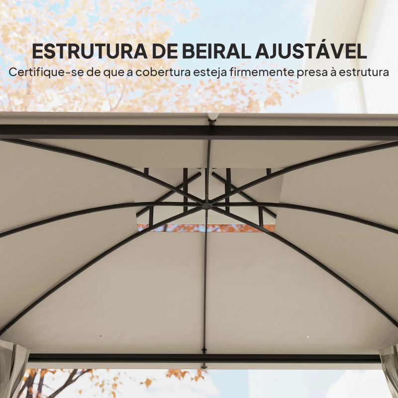 Outsunny Pérgola de Jardim 370x303x290 cm com Telhado Duplo Cortinas Laterais e Mosquiteiras Resistente à Água e Anti-UV Bege