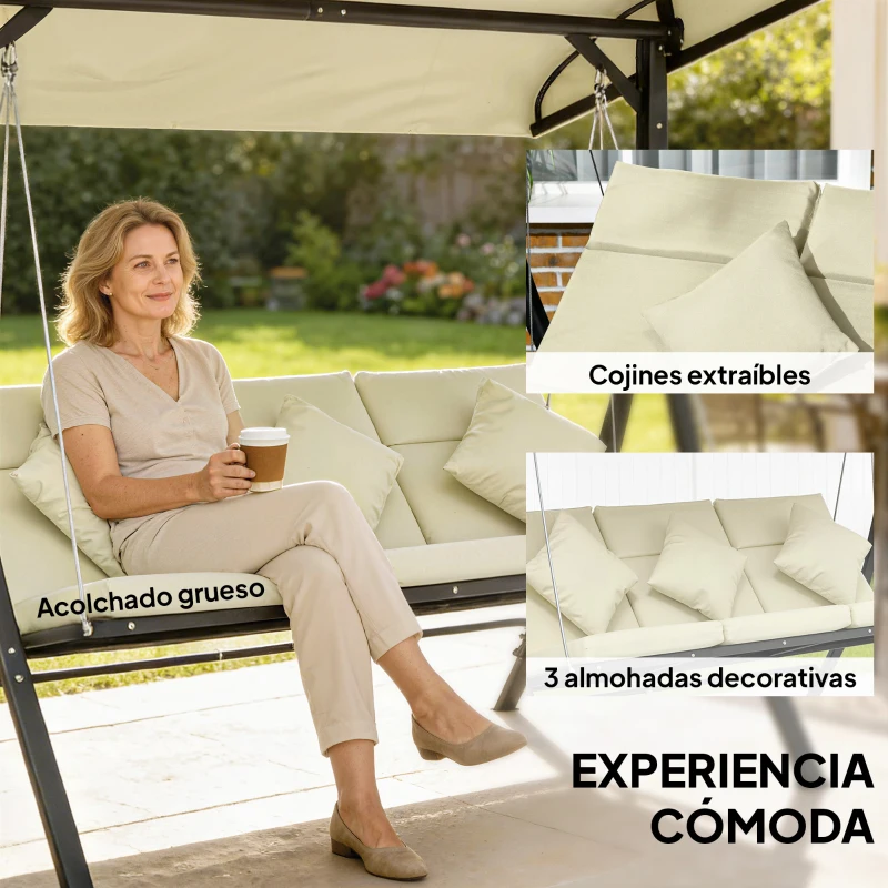 Outsunny Balancín de Jardín Exterior Columpio de 3 Plazas con Toldo Ajustable y Marco de Acero 202x115x168 cm Beige