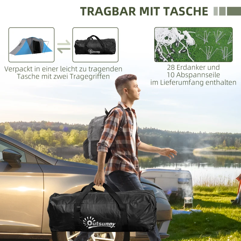Outsunny Tunnelzelt, 2000mm Wasserabweisend Campingzelt für 4-6 Personen, mit 2 Schlafzimmern Wohnbereich Tragetasche Grau+Blau
