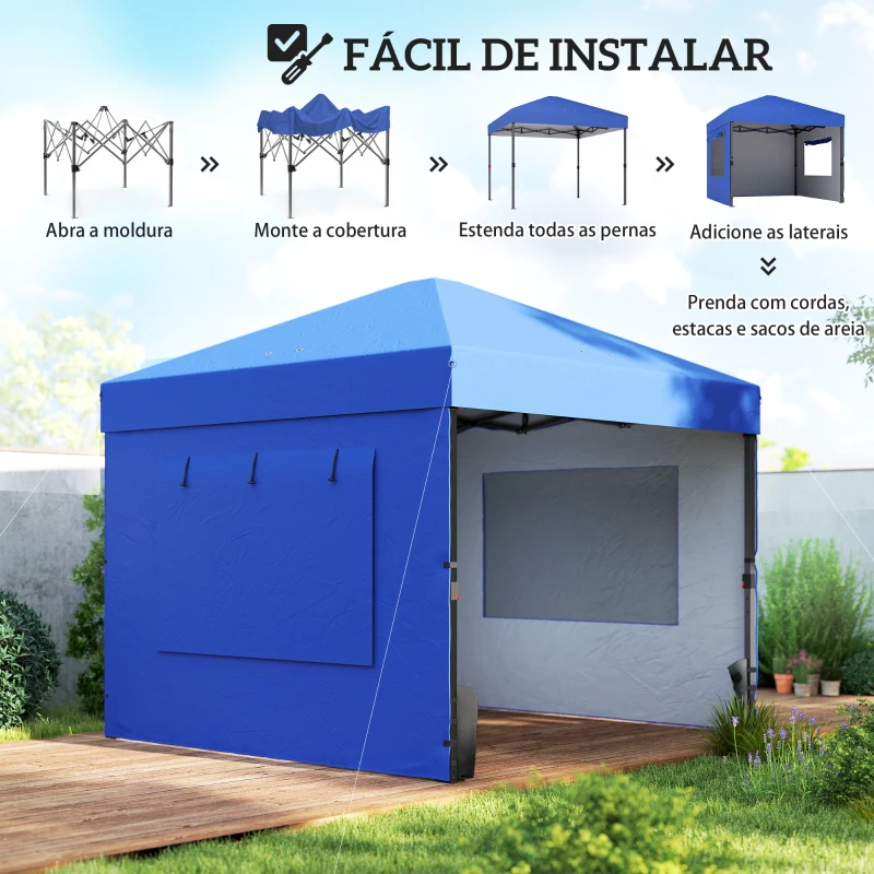 Outsunny Tenda Dobrável 3x3 m Pop-up com 3 Paredes Laterais 2 Janelas em Malha UPF50+ Altura Ajustável 3 Níveis Azul