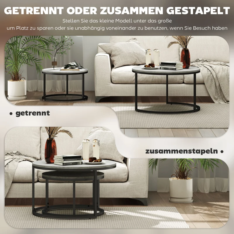 HOMCOM Couchtisch-Set, 2 runde Satztische, Industriedesign, Metallgestell, Betonoptik/Schwarz