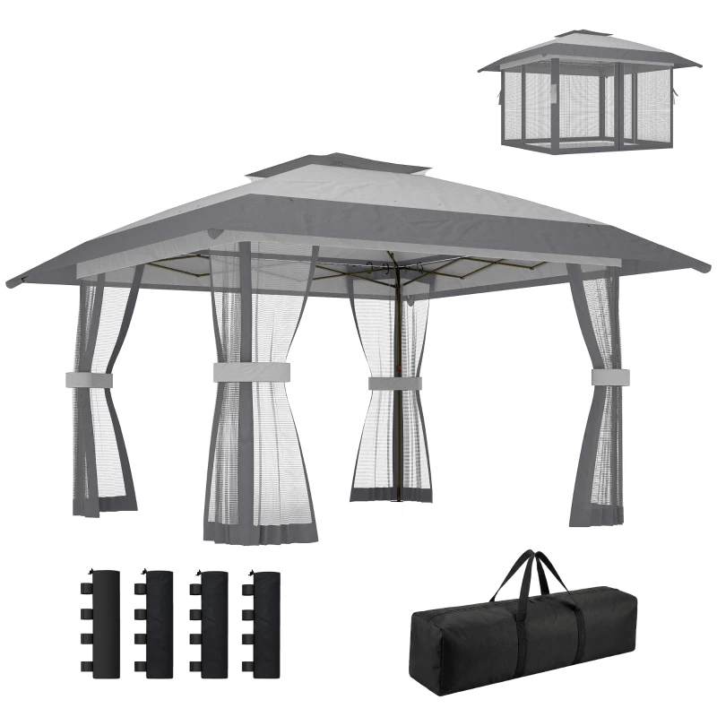 Outsunny Pavillon 4x4m Wasserdicht Höhenverstellbar Pop-up Faltpavillon mit Doppeldach 4 Netzseiten, UV 30+Hellgrau