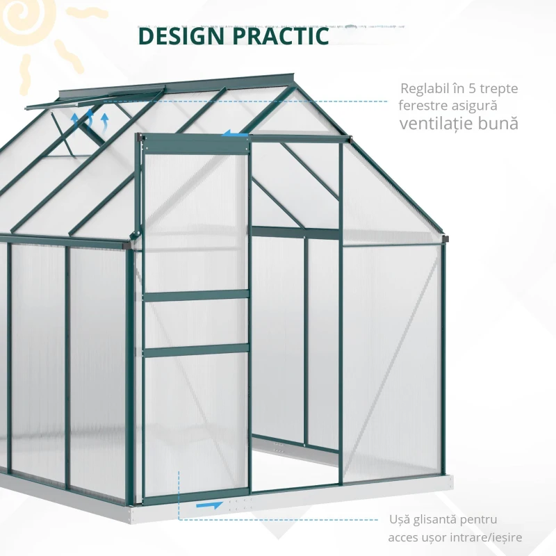 Outsunny Sera Walk-In Aluminiu & Policarbonat – Ventilatie si Jgheab