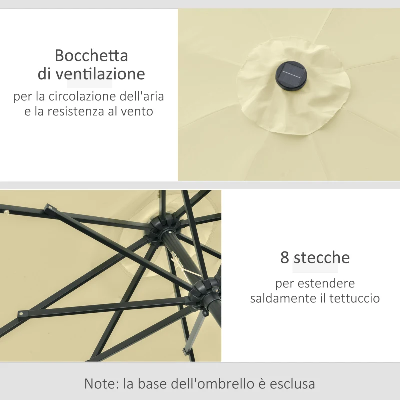 Outsunny Ombrellone da Giardino Inclinabile Ø265 cm con 32 Luci LED Solari e Manovella, Beige