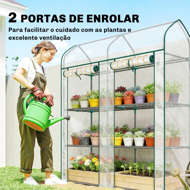 Outsunny Estufa Pequena de 3 Níveis 2 Portas Enroláveis Estrutura de Aço Cobertura de Plástico 143x46x165 cm Transparente