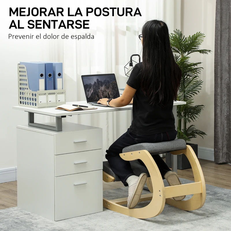 HOMCOM Silla Ergonómica de Rodillas Silla de Rodillas de Madera Taburete Ergonómico Cojín Acolchado 55x85x55 cm Gris