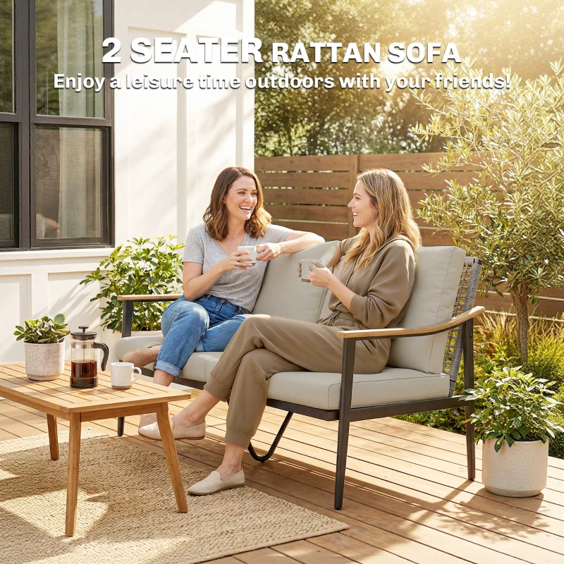 Outsunny 2 Seater Rattan Sofa, Outdoor Garden Sofa with Wood-Effect Armrests, Cushions for Patio, Balcony, Khaki