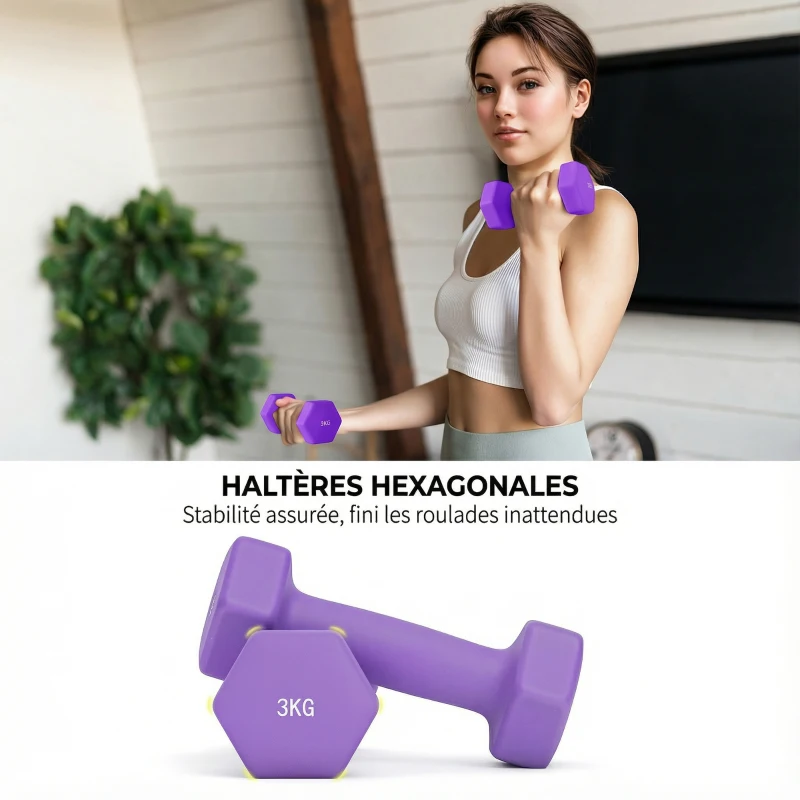 SPORTNOW Lot d'haltères hexagonaux, haltères musculation, 2 x 1 kg, 2 x 2 kg, 2 x 3 kg, avec support convertible d'haltères