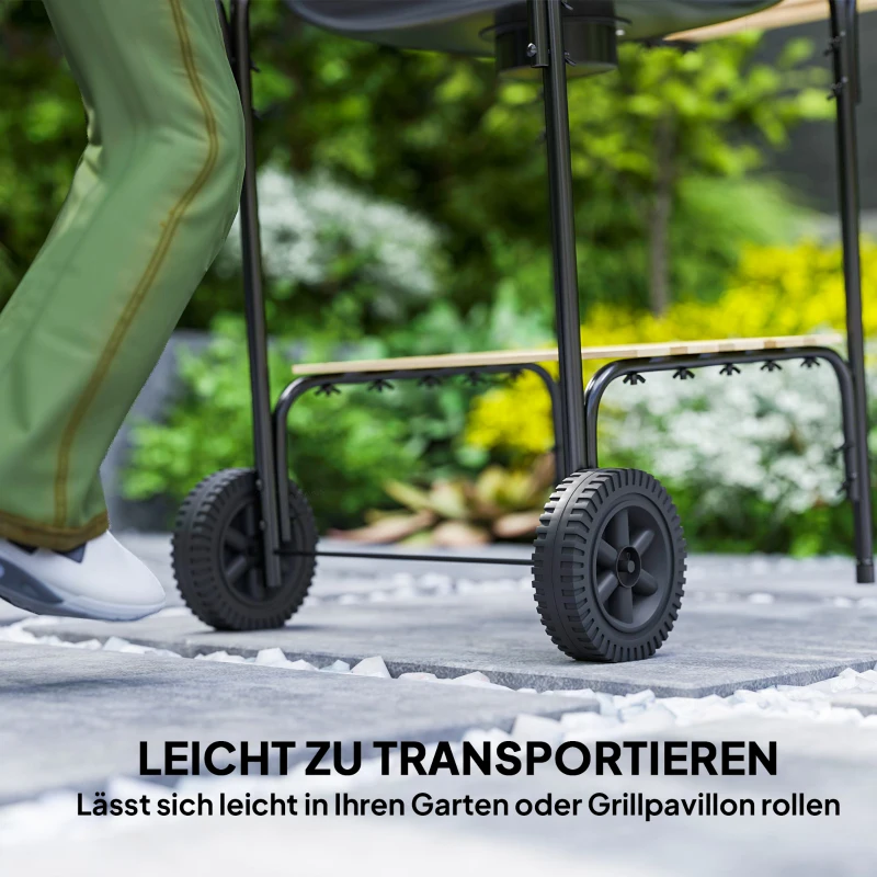 Outsunny Houtskoolgrill van staal grillwagen met afsluitbaar deksel grillrooster wielen handgreep houten plank 98 x 54 x 91 cm Zwart