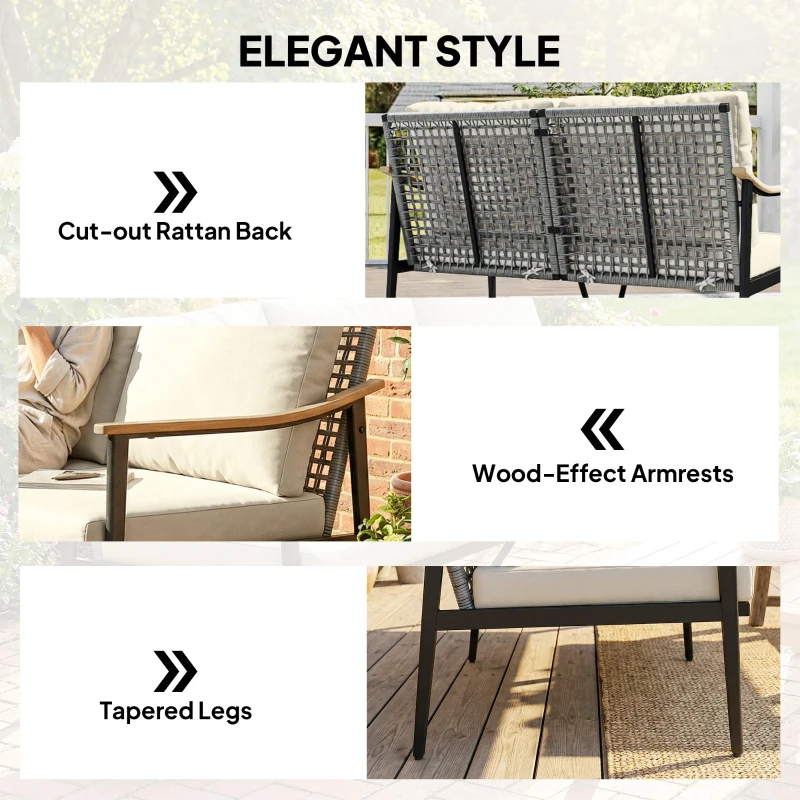 Outsunny 2 Seater Rattan Sofa, Outdoor Garden Sofa with Wood-Effect Armrests, Cushions for Patio, Balcony, Khaki