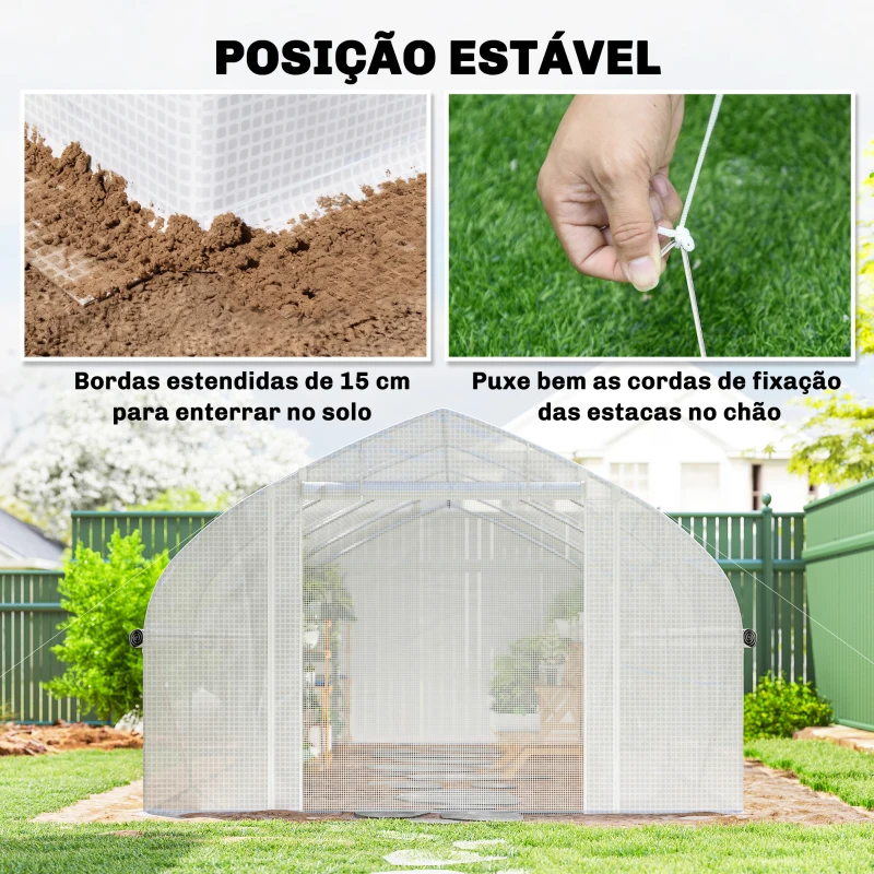 Outsunny Estufa Tipo Túnel 6x3x2 m com Anti-UV e Porta de Enrolar com Fecho de Correr Paredes Laterais com Rede Branco