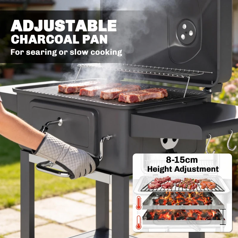 Outsunny Grill węglowy BBQ Smoker z pokrywą, termometrem, regulowaną tacą na węgiel, rusztem, bocznym stołem i szufladą na popiół