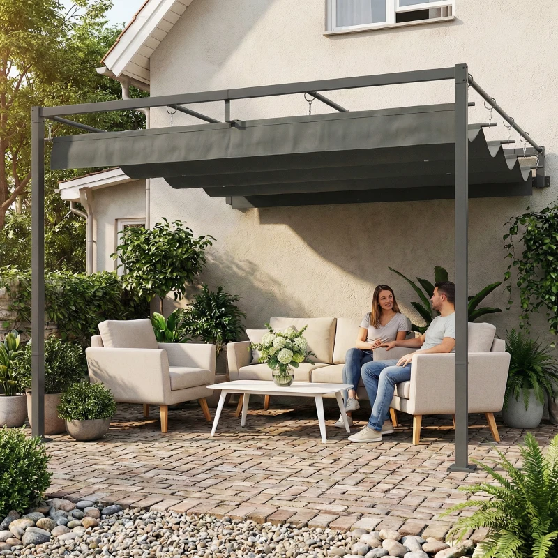 Outsunny Pérgola de Parede para Jardim 3x3 m com Teto Retrátil Proteção UPF30+ Drenagem Pérgola de Jardim para Exterior Cinzento