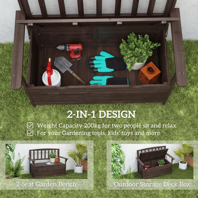 Outsunny Outdoor 2 Seater Garden Bench, Wooden Bench with Storage, Backrest, Arm Rests, 112 x 84 x 58 cm, Brown
