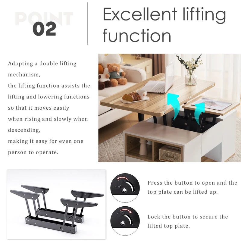 Lift-Top Coffee Table with Storage, 3 Drawers and Adjustable Height, 100x51x47 cm, White & Oak