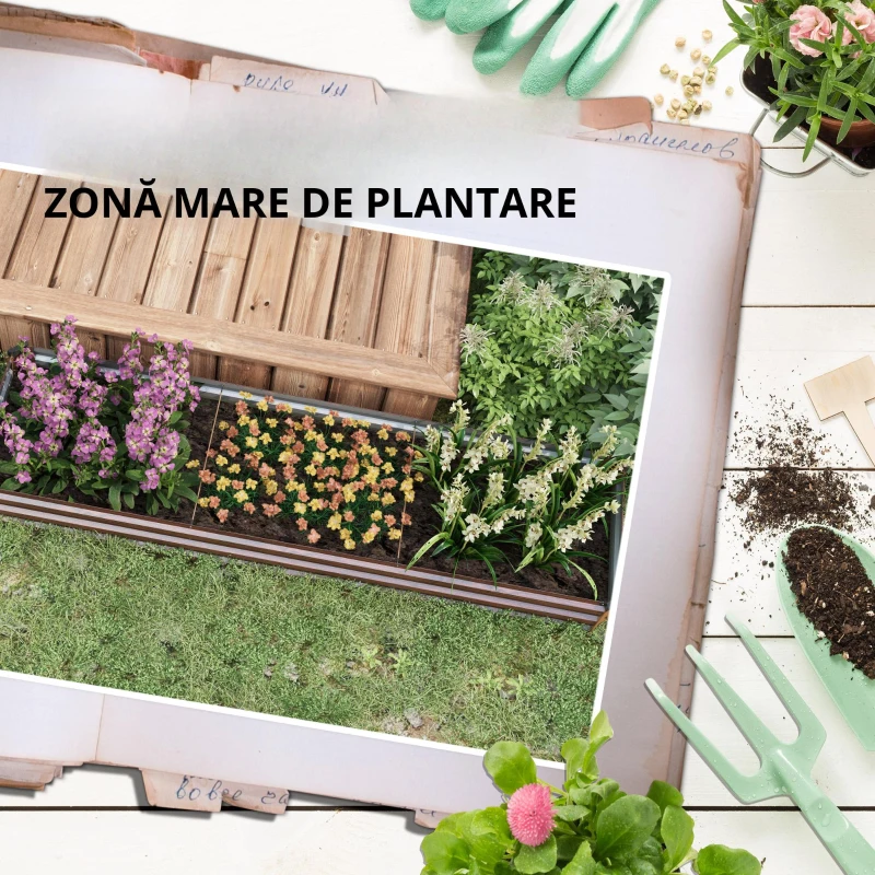 Outsunny Pat pentru Grădină Înălțat 405L, Jardinieră pentru Balcon din Oțel Galvanizat cu Fund Deschis, pentru Plante, Flori și Legume, 240x60x30 cm, Aspect Lemn Închis
