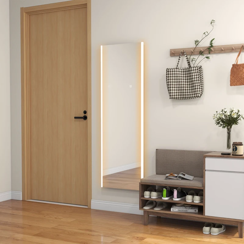 HOMCOM Miroir rectangulaire sur pied intégral pleine longueur avec éclairage LED à poser ou mural 150 x 50 cm blanc