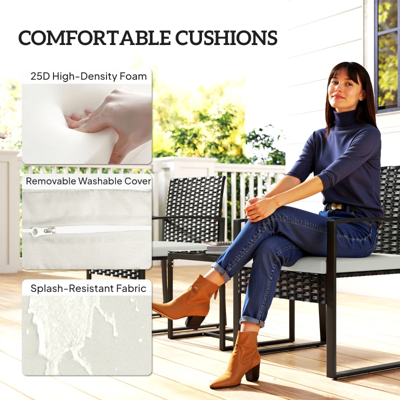 Outsunny Zestaw bistro z rattanu, 3-częściowy zestaw mebli ogrodowych z 2 krzesłami, stolik, zdejmowane poduszki, kremowy