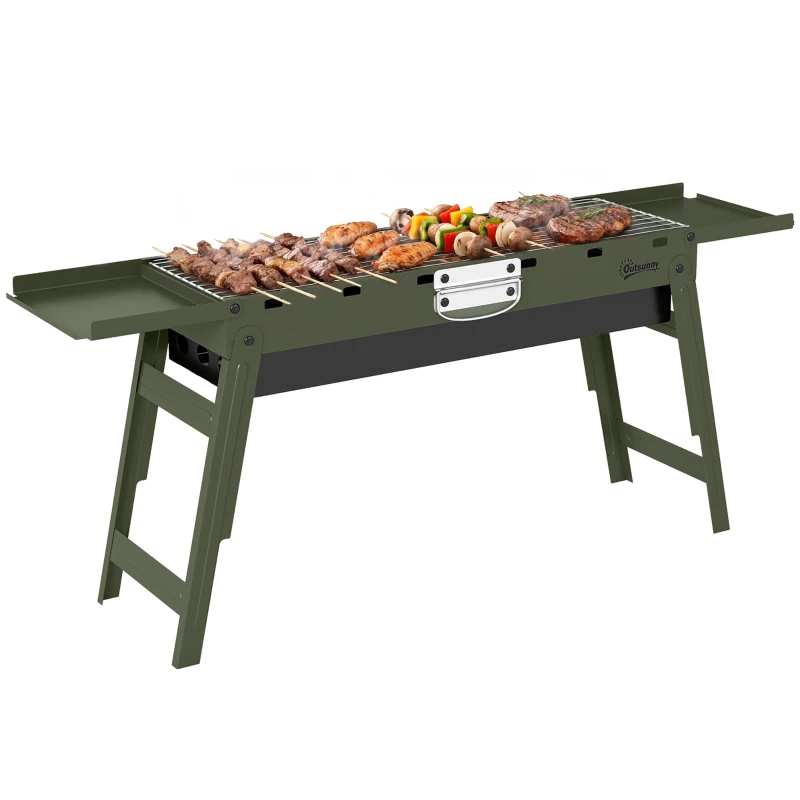 Outsunny Portable BBQ Grill, Foldable Charcoal Grill for Camping and Picnics with 2 Side Shelves and Handle, Green
