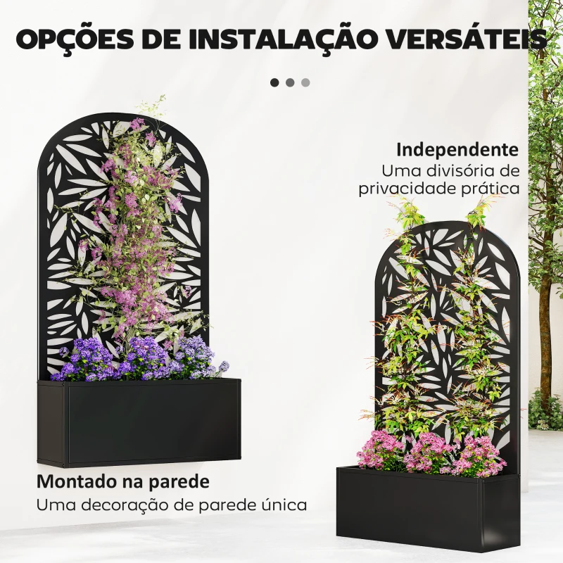 Outsunny Floreira com Painel Decorativo Curvo de Folhas em Metal e Opção de Montagem na Parede 61x23x113 cm Preto