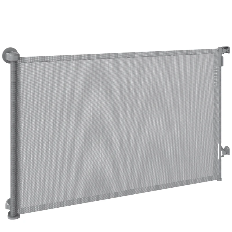PawHut Retractable Dog Gate, Extends to 140 cm Wide & 93 cm Tall, Mesh Pet Gate with Single Hand Operation, for Stairs Doorways