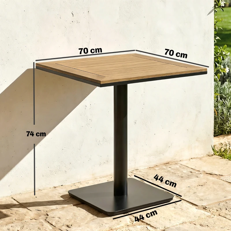 Outsunny Bijzettafel 70 x 70 cm weerbestendig tuintafel met houtlook brede basis, vierkant natuurhout