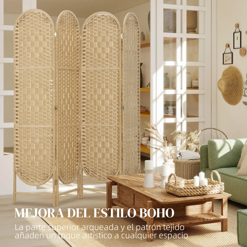 HOMCOM Biombo Separador de Ambientes 4 Paneles 160x170 cm con Parte Superior Arqueada Tejido a Mano Divisor Plegable Natural